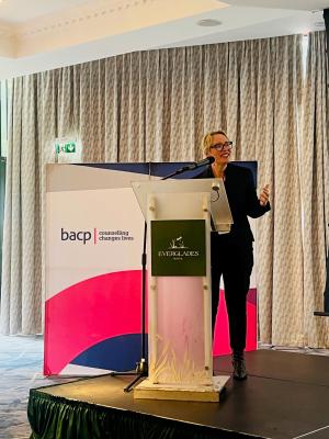 Commissioner Fiona Ryan delivers her keynote address at the British Association for Counselling and Psychotherapy conference in Derry/Londonderry